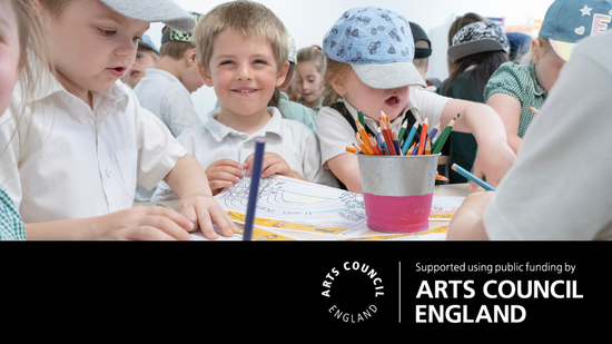 A group of children drawing with the Arts Council logo