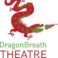 The logo of Dragon breath theatre is a of an ornate red with green accent chinese dragon gliding down breathing fire to right. Below the dragon the word Dragon Breath is written in green with the word theatre written in red underneath